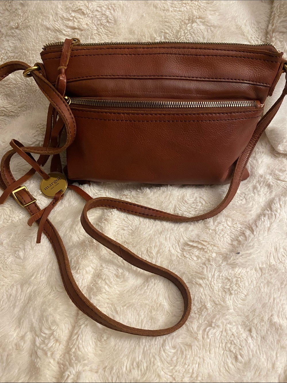 Margot New York Leather Crossbody Bag in Chestnut Brown with Gold Hardware